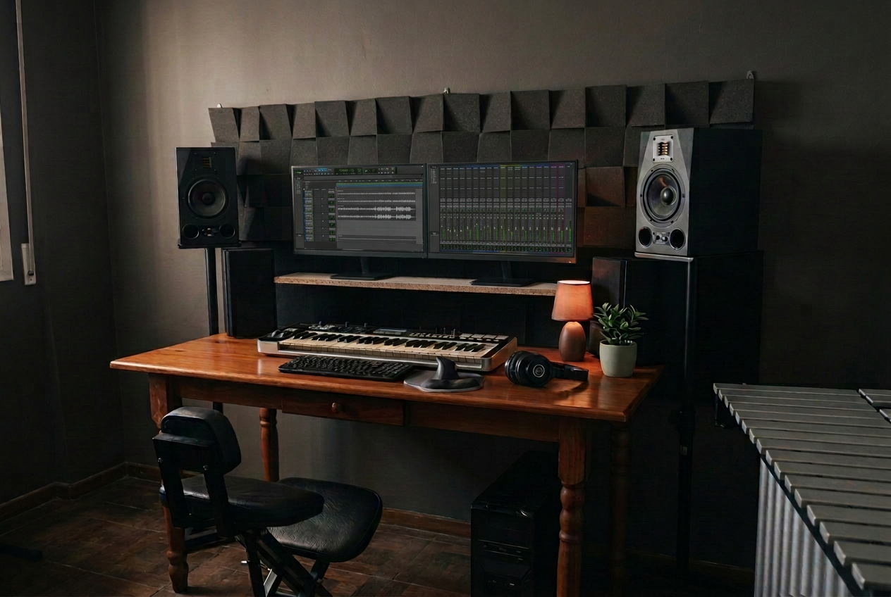 Vista del estudio de Tulio Simeoni con iluminación cálida, paneles acústicos y vibráfono