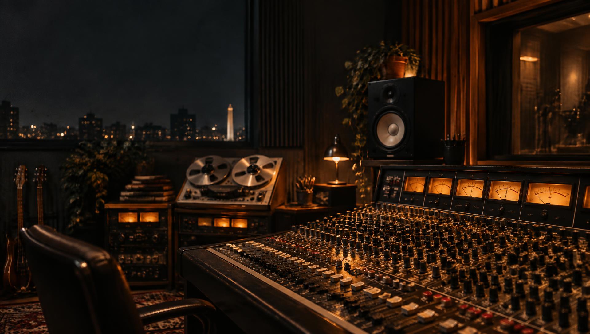Estudio profesional con consola analógica y equipos de grabación
